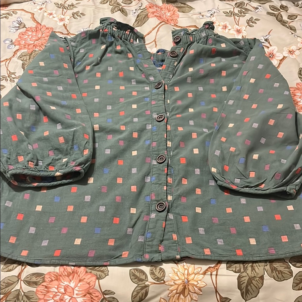 Ro & De Green Blouse with Colorful Squares